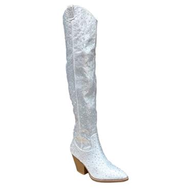 Imagem de ABSOLEX Botas femininas Western Cowgirl Cowboy bico fino strass cano médio acima do joelho, Prata, 36