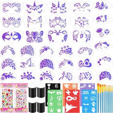 Imagem de Kit de estênceis de pintura facial Flasoo 55PCS com pincéis e gemas