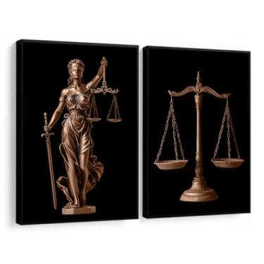 Imagem de Quadros Decorativos Deusa Justiça Balança moderno luxo Escritorio com Moldura kit 2 quadros (Moldura Preta, 40x60, Com Vidro)