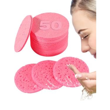 Imagem de Esponjas faciais comprimidas de 50 unidades - Esponja de limpeza facial de celulose natural para spa, massagem, esfoliação de poros, máscara, remoção de maquiagem