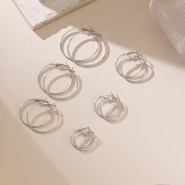 Imagem de Conjunto de 6 pares de brincos de argola banhados a ouro 14K, brincos de argola de aço inoxidável, joias femininas de ouro/prata para presente, normal size, Ferro Aço inoxidável Metal, Sem pedra