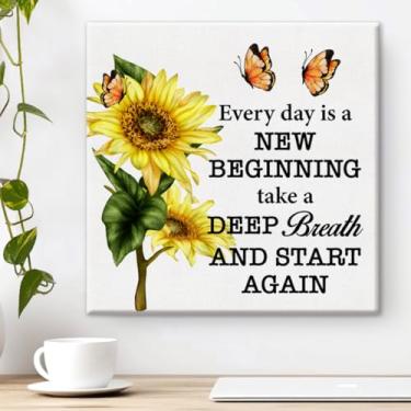Imagem de Arte de parede em tela de primavera, inspiradora, girassol, borboletas, impressão, pôster, arte emoldurada, para sala de aula, escritório, sala de estar, decoração de casa, 20 x 20 cm