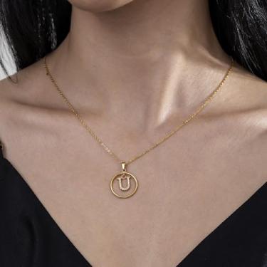 Imagem de Colar de strass com inicial A-Z - Joias delicadas com pingente circular com corrente ajustável, colar de alfabeto personalizado para mulheres,, F, Aço inoxidável, Sem Pedra Preciosa