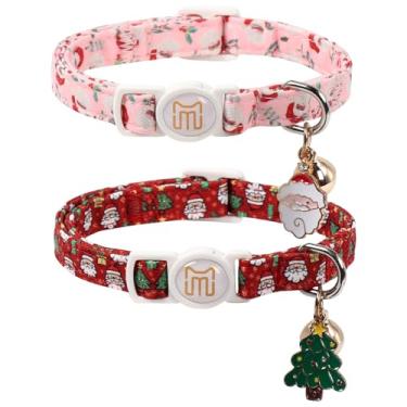 Imagem de Pacote com 2 coleiras para gatos Maca Bates com árvore de Natal vermelha e coleiras de Papai Noel rosa com berloque fofo, durável, ajustável, macio para PP, pequeno, médio, grande, menino, menina