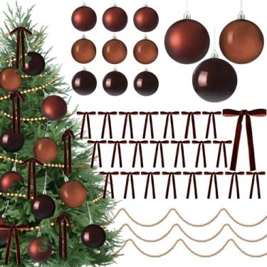 Imagem de Civaner Conjunto de 37 peças de decoração de Natal, incluindo guirlanda de contas douradas de madeira de 5 metros, 24 laços de árvore de Natal de veludo marrom, 12 bolas marrons para decoração de