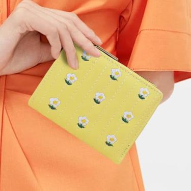 Imagem de Carteiras pequenas para mulheres, porta-cartões de flores bordadas em duas dobras com bolso para moedas, compartimentos para cartões, janela de identidade, porta-moedas, Amarelo, Bonito