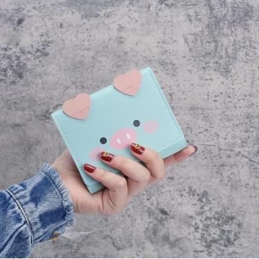 Imagem de Carteira feminina com três dobras com cabeça de porco, bloqueio RFID de couro com janela para identidade, Verde claro, Carteira pequena