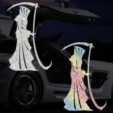 Imagem de Adesivo personalizado de foice da morte resistente à descamação não danifica pintura adequado para carros, caminhões, motocicletas 15 cm x 9 cm (2 peças prateadas)