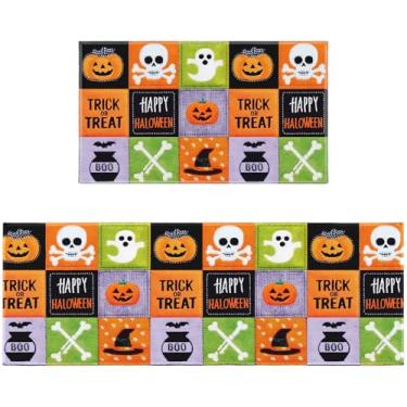 Imagem de Conjunto de 2 tapetes de cozinha antiderrapantes laranja fantasma caveira abóbora xadrez tapete de cozinha com suporte de borracha lavável tapetes de cozinha roxo para chão tapete de cozinha 43.2 cm x