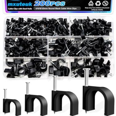 Imagem de mxuteuk 200 peças de clipes de cabo com pregos de aço, 4/6/8/10 mm clipes de fio pretos redondos, clipes de parede para cabos, clipes de cabo para RG6 RG59 CAT6 RJ45