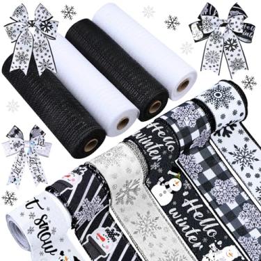 Imagem de Yuefunny 10 peças de fita de inverno, 4 rolos de fita de malha e 6 rolos, boneco de neve, estopa de floco de neve, guirlanda de borda com fio, grinalda metálica para embrulhar artesanato para festa de