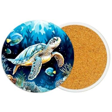 Imagem de Pacote com 2 porta-copos de cerâmica de tartaruga marinha porta-copos absorventes para bebidas com base de cortiça, porta-copos para mesa de escritório café vinho cerveja bar tapete de copo 9 cm