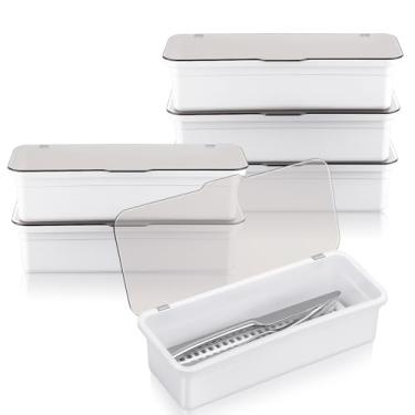 Imagem de Remerry Bandeja de talheres com tampa e escorredor, organizador de utensílios de plástico, caixa de armazenamento transparente de talheres de cozinha com tampa e escorredor, caixa de armazenamento de