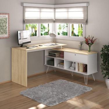 Imagem de Escrivaninha Em L Mesa Office Com Nichos E Porta Dubai Carvalho-branco