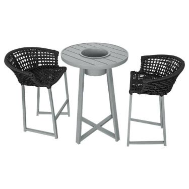 Imagem de Conjunto Bistrô Champanheira Cinza Tampo Ripado E 2 Banquetas Reis Corda Náutica Preta - Cor: Preto