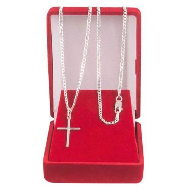 Imagem de Cordão Corrente Masculina Grumet 60cm Pingente Crucifixo De Prata 925 