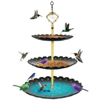 Imagem de Banheiras duplas para pássaros penduradas ao ar livre para jardim externo 28 cm alimentador duplo para pássaros de metal para decoração de jardim e jardim (preto)