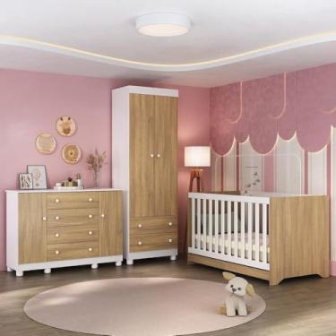 Imagem de Quarto de Bebê Completo com Berço Americano 3 em 1 Allegra Multimóveis Mp4594 Branco/madeirado