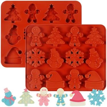 Imagem de 2 peças de moldes de chocolate de Natal, moldes de silicone de 12 cavidades para pastelaria de flocos de neve, boneco de neve, chapéu de Natal, árvores de Natal, pão de gengibre, molde em forma de
