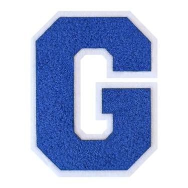 Imagem de 1 Patch de letra de chenille azul de 15 cm com borda branca – Adesivos do alfabeto para roupas, jaquetas, mochilas, chapéus para decoração personalizada, nome personalizado e artesanato. (G)
