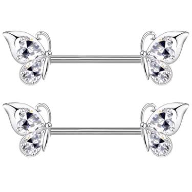 Imagem de Niaspi Anéis de mamilo de asa de borboleta de cristal delicados para mulheres, asas de aço inoxidável, zircônia cúbica, piercing de coração, barra, piercing de mamilo com rosca interna (branco)