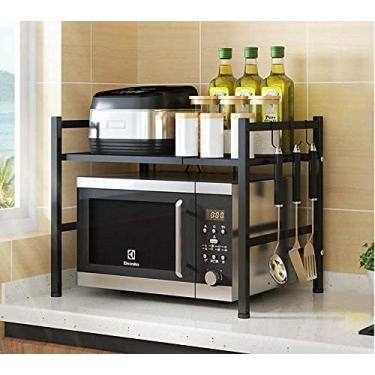 Imagem de HHHJQFAAT Organizador de carrinho com rodinhas extensível para forno de micro-ondas suporte de prateleira de 2 camadas com ganchos de pendurar organizador de armazenamento de cozinha ajustável 210604