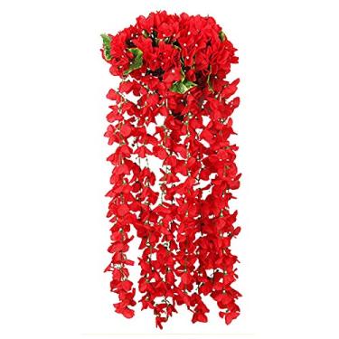 Imagem de Cesto de flores de glicínia violeta para pendurar na parede guirlanda artificial flores artificiais cestas de flores artificiais para flores artificiais externas (cor: Rojo, Tamanho: Talla Única)