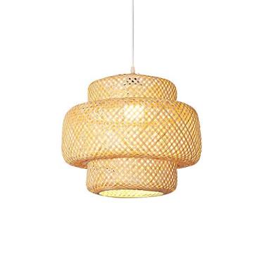 Imagem de CHENKUI Lustre estilo japonês abajur de bambu de tecelagem criativa grande lanterna pendente restaurante bambu vime lâmpada suspensa para sala de estar, varanda, restaurante luminárias
