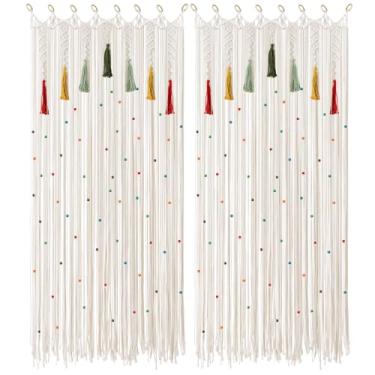 Imagem de Cortina de macramê Boho com borlas coloridas, 2 painéis de 89 cm x 200 cm, cortina de contas feita à mão para entrada, cortinas de janela com contas de madeira, divisória de quarto boêmia, decoração