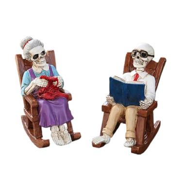 Imagem de Estátua de casal de esqueleto | Ornamento de caveira para cadeira de balanço - Estátua de resina para casal, enfeite de leitura, decoração de casa, prateleira, mesa, cornija, quarto, dia das bruxas