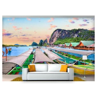 Imagem de Papel De Parede Praia Mar Céu Sol Barcos 3D Npr232 - Você Decora