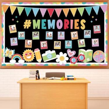 Imagem de Quadro de avisos para sala de aula, porta-avisos, colorido, memórias, bem-vindo, de volta às aulas, quadro de avisos, câmera, arco-íris, recortado, margarida, foto, professor, primeiro dia de aula