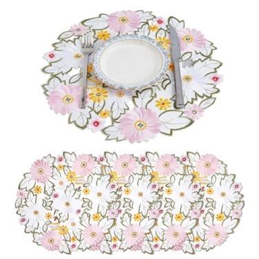 Imagem de SUPERFINDINGS 5 peças de jogo americano bordado, floral, bordado, redondo, floral, cômoda, cachecol, 37 cm, poliéster, para casa, jantar, férias, cozinha, mesa, decoração de casamento, rosa