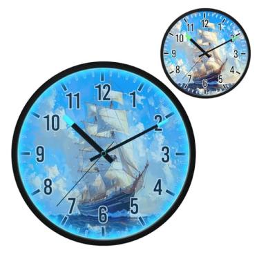 Imagem de Blueangle Relógio de parede com luz noturna LED que brilha no escuro e ativado por voz, silencioso, 30 cm, grande design de navio clipper operado por bateria para decoração de quarto e sala de estar