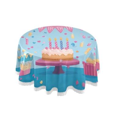 Imagem de SEHANY Toalha de mesa redonda para festa de feliz aniversário de 152 cm, tecido lavável sem rugas, toalha de mesa redonda com decoração de renda para decoração de aniversário de restaurante