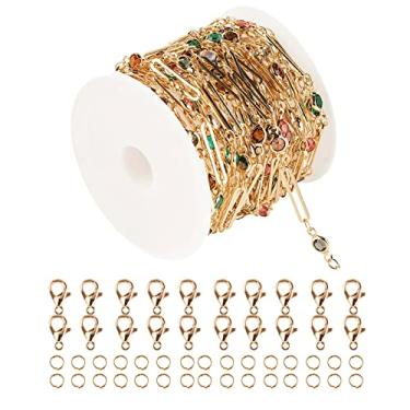 Imagem de YOUBEIYEE Correntes banhadas a ouro de 16,4 metros para fabricação de joias, multicoloridas, strass, clipe de papel, ligos, pulseiras, colar, corrente de tornozeleira a granel com anéis de pular, fechos lagosta