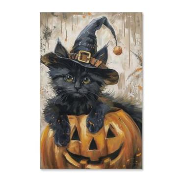 Imagem de HouLaiZhe Pôster de Halloween fofo gato preto abóbora impressão de arte de parede decorações de Halloween decoração de parede estética gótica para sala de estar quarto 11 x 17 polegadas (28 x 43 cm)