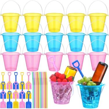 Imagem de CroBlissful Conjunto de 15 baldes de bebida grandes com glitter de 978 ml com pás canudos descartáveis balde de plástico com alças para festas de verão, férias, praia, festa de aniversário