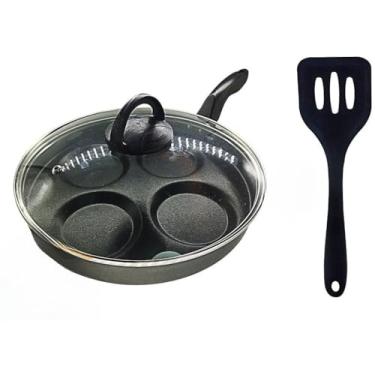 Imagem de Frigideira 26 cm Divisória 4 Ovos Hambúrguer Com Tampa de Vidro e Espátula Antiaderente Cor Preto