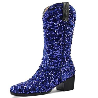 Imagem de KISSASA Botas de caubói brilhantes de lantejoulas até o meio da panturrilha com glitter para casamento e salto grosso, Azul royal, 36