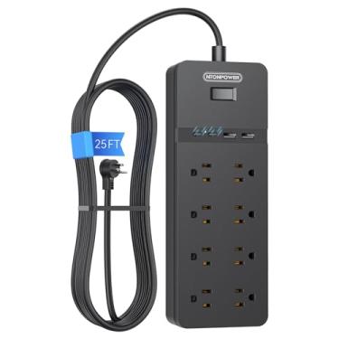 Imagem de Plugue plano de extensão de 7,6 m, NTONPOWER 8 saída protetor de sobretensão tira de energia com portas USB, disjuntor de 15A, protetor contra surtos de montagem na parede para casa, escritório, bancada ou garagem, listado pela ETL, preto