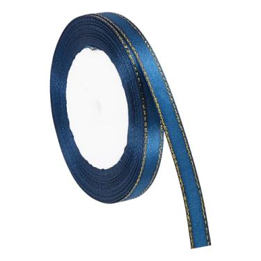 Imagem de PATIKIL Fita de cetim com borda dourada, dupla face de poliéster para embrulho de presente, buquês de flores, laços de cabelo, projetos de costura, azul marinho