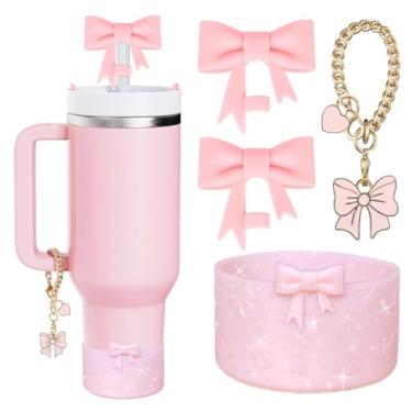 Imagem de Conjunto de acessórios de garrafa de água cintilante para Stanley Cup, 2 peças de tampas de palha com laço, 1 pingente de laço fofo e alça de coração e 1 bota de silicone para Stanley Copo de 30 e