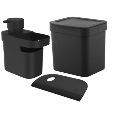 Imagem de Kit Organizador de Pia 3 peças Preto Dispenser de Detergente Rodinho de Pia Lixeira 2,5 Litros Organizadores de Pia OU Lixeira com Esconde Saco Rodo Compacto e Dispenser de Sabão Líquido