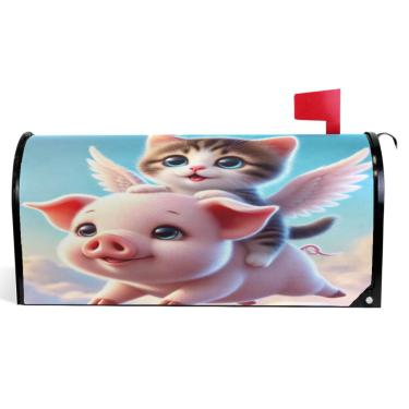 Imagem de TSENQUE Gatinho gato fofo porco capa magnética caixa de correio decorativa outono caixa de correio vinil caixa de correio moderna decoração de jardim tamanho padrão 52,56 x 45,8 cm