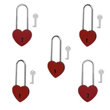 Imagem de Gradleen 5 peças de cadeado de coração único com chave de 8 cm, cadeado de amor de 50 mm, pintura de borracha, cadeado de amor de metal vermelho para ponte Lovelock, caixa de cartão, caixa de joias