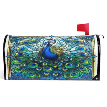 Imagem de TSENQUE Capas decorativas para caixa de correio magnética outono caixa de correio vinil decorações de caixa de correio verde bule pavão arte tamanho padrão 52,6 x 45,8 cm