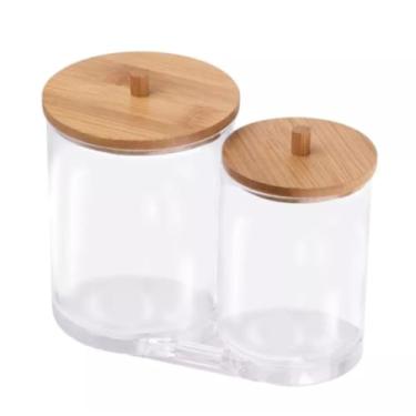 Imagem de Organizador Duplo em Acrílico Transparente com Tampa de Bambu, para Algodão e Cotonete, 15.3x8.5x12.5cm, 3 Compartimentos