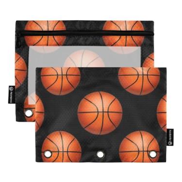 Imagem de GAIGEO Pasta floral com 3 anéis para lápis bolas de basquete pretas com zíper para fichário escolar bolsos transparentes tecido 25 cm x 18 cm, 2 pacotes