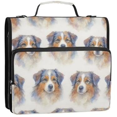 Imagem de Pastas brancas para cães aquarela, 3 anéis, organizador de fichários com zíper, bolsa escolar com alça de ombro, pasta grande para portfólio de armazenamento com alça, 34,5 x 31,5 x 9 cm